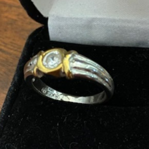 Miner's Cut CZ Solitaire * YELLOW & WHITE 18 Kt GF Band RING * sz 6.25 * Classy - Picture 3 of 5